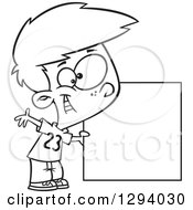 Lineart Clipart Of A Black And White Cartoon Happy Boy Holding A Square Or Blank Sign Royalty Free Outline Vector Illustration by toonaday