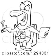 Lineart Clipart Of A Black And White Cartoon Happy Male Super Hero Teacher With Paper And Chalk Royalty Free Outline Vector Illustration