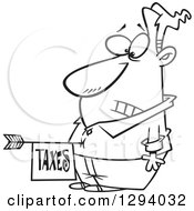 Poster, Art Print Of Black And White Cartoon Disturbed Man With A Taxes Arrow In His Belly