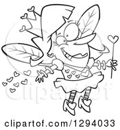 Lineart Clipart Of A Black And White Cartoon Happy Female Valentine Fairy Spreading Love Royalty Free Outline Vector Illustration by toonaday