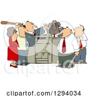 Clipart Of A Frustrated Employee Office Mob Gathered Around A Copy Machine Or Printer With Baseball Bats Royalty Free Illustration