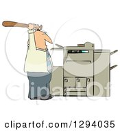 Frustrated Caucasian Businessman Holding A Bat Up Over A Copy Machine Or Printer