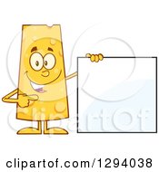 Cartoon Happy Cheese Character Standing By And Pointing To A Blank Sign