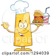 Cartoon Happy Cheese Chef Character Holding Up A Tray Of Fast Food