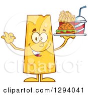 Cartoon Happy Cheese Character Holding A Tray Of Fast Food And Gesturing Ok