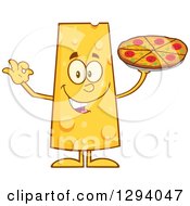 Cartoon Happy Cheese Character Holding Pizza And Gesturing Ok