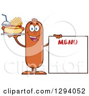 Cartoon Happy Sausage Character With A Hot Dog Fries And Soda By A Menu Board