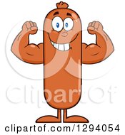 Poster, Art Print Of Cartoon Strong Sausage Character Flexing His Muscles