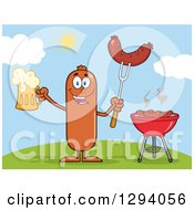 Cartoon Happy Sausage Character Holding A Beer And Meat On A Bbq Fork By A Grill On A Hill