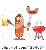 Cartoon Happy Sausage Character Holding A Beer And Meat On A Bbq Fork By A Grill