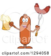 Poster, Art Print Of Cartoon Happy Sausage Character Holding A Beer And Meat On A Bbq Fork
