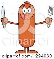 Poster, Art Print Of Cartoon Hungry Sausage Character Holding A Knife And Fork