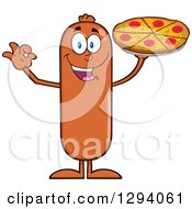 Cartoon Happy Sausage Character Holding Up A Pizza by Hit Toon