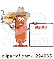 Cartoon Happy Sausage Cowboy Character With A Hot Dog Fries And Soda By A Menu Board