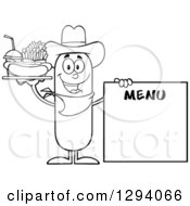 Cartoon Black And White Happy Sausage Cowboy Character With A Hot Dog Fries And Soda By A Menu Board