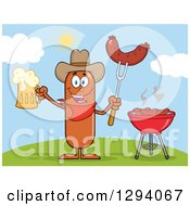 Cartoon Happy Sausage Cowboy Character Holding A Beer And Meat On A Bbq Fork By A Grill On A Hill