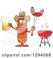 Cartoon Happy Sausage Cowboy Character Holding A Beer And Meat On A Bbq Fork By A Grill