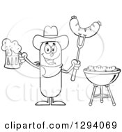 Cartoon Black And White Happy Sausage Cowboy Character Holding A Beer And Meat On A Bbq Fork By A Grill