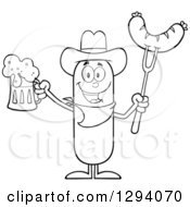 Poster, Art Print Of Cartoon Black And White Happy Sausage Cowboy Character Holding A Beer And Meat On A Bbq Fork