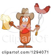 Cartoon Happy Sausage Cowboy Character Holding A Beer And Meat On A Bbq Fork