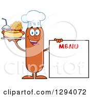 Cartoon Happy Sausage Chef Character With A Hot Dog Fries And Soda By A Menu Board