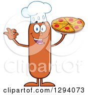 Cartoon Happy Sausage Chef Character Holding Up A Pizza