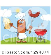 Poster, Art Print Of Cartoon Happy Sausage Chef Character Holding A Beer And Meat On A Bbq Fork By A Grill On A Hill