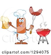 Cartoon Happy Sausage Chef Character Holding A Beer And Meat On A Bbq Fork By A Grill