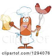 Poster, Art Print Of Cartoon Happy Sausage Chef Character Holding A Beer And Meat On A Bbq Fork