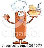 Cartoon Happy Sausage Chef Character Holding A Hot Dog French Fries And Soda On A Tray