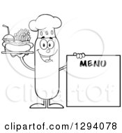Cartoon Black And White Happy Sausage Chef Character With A Hot Dog Fries And Soda By A Menu Board