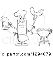 Cartoon Black And White Happy Sausage Chef Character Holding A Beer And Meat On A Bbq Fork By A Grill