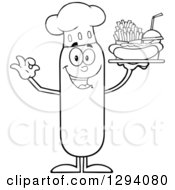 Cartoon Black And White Happy Sausage Chef Character Holding A Hot Dog French Fries And Soda On A Tray