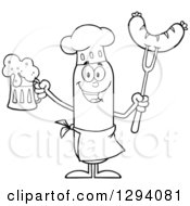 Poster, Art Print Of Cartoon Black And White Happy Sausage Chef Character Holding A Beer And Meat On A Bbq Fork