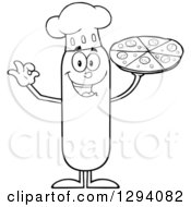 Cartoon Black And White Happy Sausage Chef Character Holding Up A Pizza