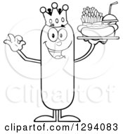 Cartoon Black And White Happy Sausage King Character Holding A Hot Dog French Fries And Soda On A Tray And Gesturing Ok