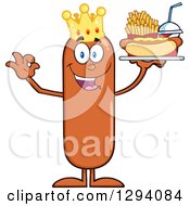 Poster, Art Print Of Cartoon Happy Sausage King Character Holding A Hot Dog French Fries And Soda On A Tray And Gesturing Ok