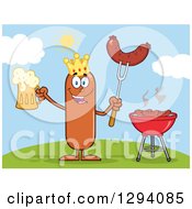 Poster, Art Print Of Cartoon Happy Sausage King Character Holding A Beer And Meat On A Bbq Fork By A Grill On A Hill