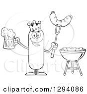 Cartoon Black And White Happy Sausage King Character Holding A Beer And Meat On A Bbq Fork By A Grill