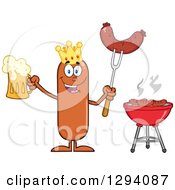 Cartoon Happy Sausage King Character Holding A Beer And Meat On A Bbq Fork By A Grill