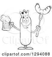 Cartoon Black And White Happy Sausage King Character Holding A Beer And Meat On A Bbq Fork
