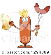Poster, Art Print Of Cartoon Happy Sausage King Character Holding A Beer And Meat On A Bbq Fork