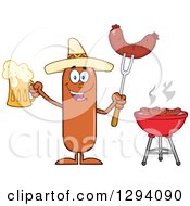 Poster, Art Print Of Cartoon Happy Mexican Sausage Character Holding A Beer And Meat On A Bbq Fork By A Grill