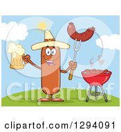 Cartoon Happy Mexican Sausage Character Holding A Beer And Meat On A Bbq Fork By A Grill On A Hill
