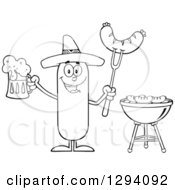 Cartoon Black And White Happy Mexican Sausage Character Holding A Beer And Meat On A Bbq Fork By A Grill