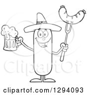 Poster, Art Print Of Cartoon Black And White Happy Mexican Sausage Character Holding A Beer And Meat On A Bbq Fork