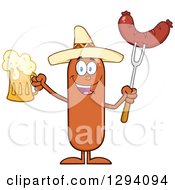 Cartoon Happy Mexican Sausage Character Holding A Beer And Meat On A Bbq Fork