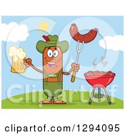 Poster, Art Print Of Cartoon Happy Sausage German Oktoberfest Character Holding A Beer And Meat On A Bbq Fork By A Grill On A Hill