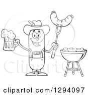 Cartoon Black And White Happy Sausage German Oktoberfest Character Holding A Beer And Meat On A Bbq Fork By A Grill