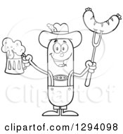 Cartoon Black And White Happy Sausage German Oktoberfest Character Holding A Beer And Meat On A Bbq Fork